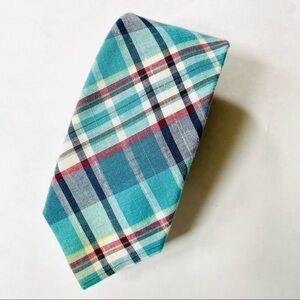 Tommy Hilfiger Plaid 100% Cotton Tie Turquoise Blue Red White Yellow